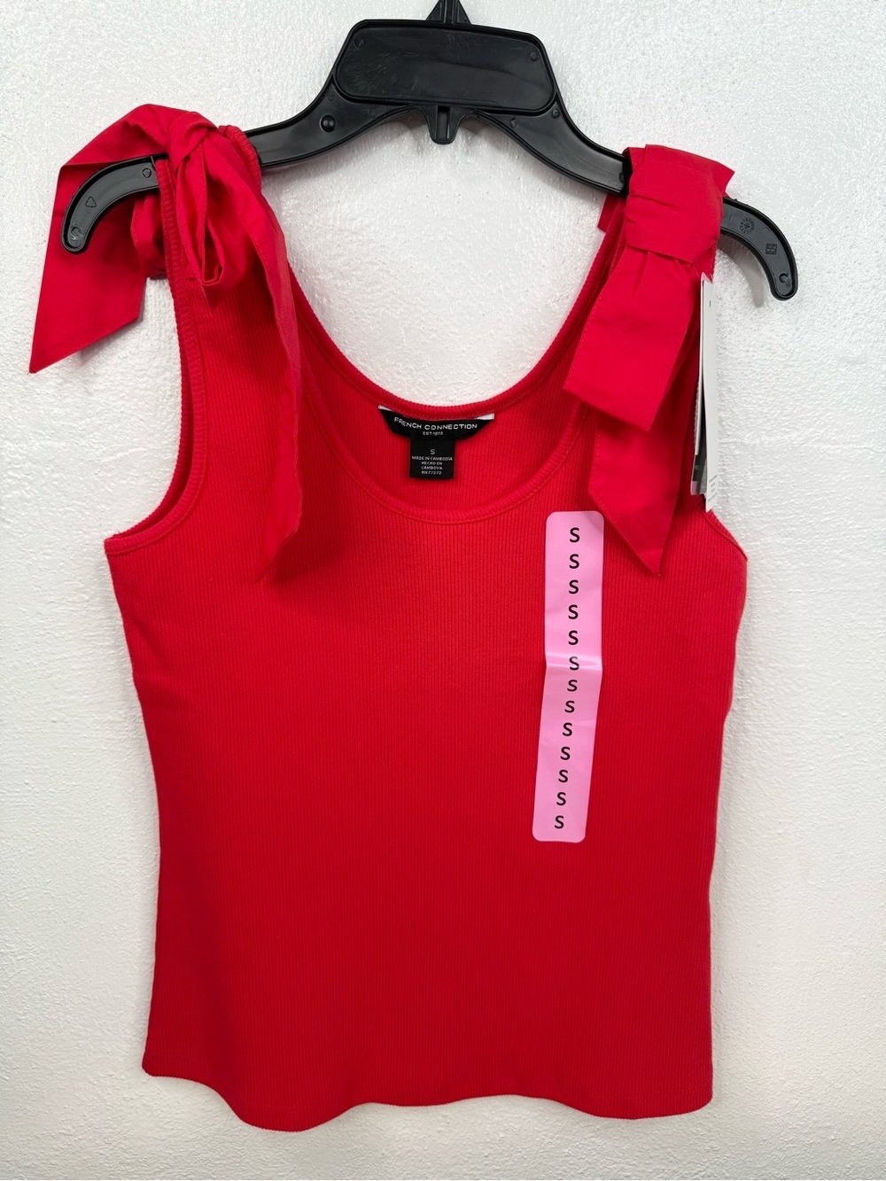 French Connection Tank Top Womens Size S Red Ribbed Knit Bow Shoulder